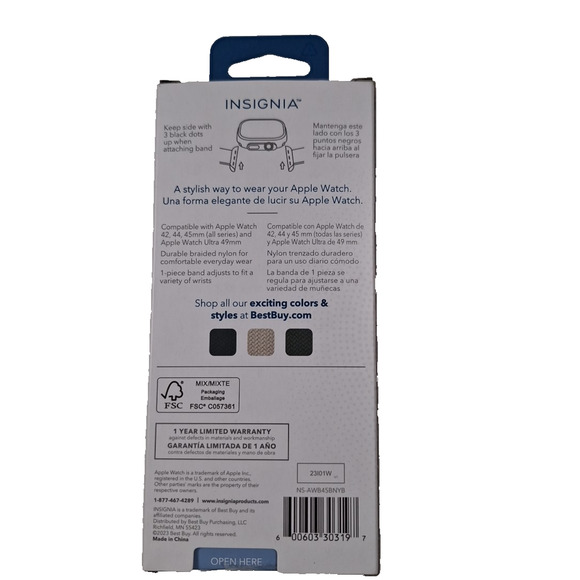 INSIGNIA Braided Nylon Band for Apple Watch 42/44/45/49mm, Adjustable Size, Blac - Picture 2 of 2